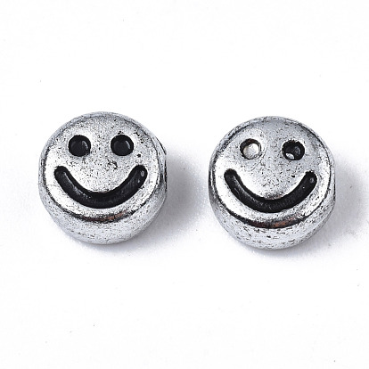 Perles acryliques, plat rond avec visage souriant noir