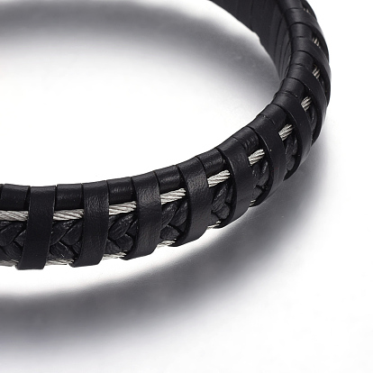 Кожаные браслеты плетеного шнура, с 304 из нержавеющей стали магнитные застежки, чёрные