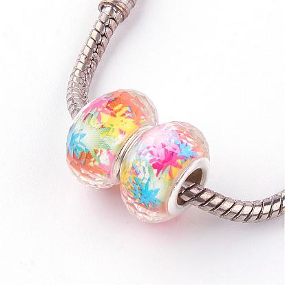 Resin European Beads, Large Hole Beads, with Silver Color Plated Brass Cores, Faceted, Rondelle