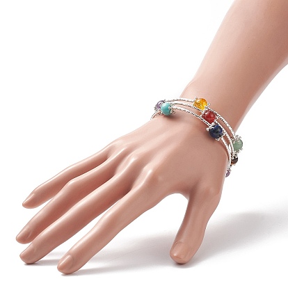 Bracelet enroulé à trois boucles avec perles rondes et pierres précieuses mélangées naturelles et synthétiques pour femme