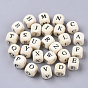 Printed Natural Wood Beads, Horizontal Hole, Cube with Initial Letter, PapayaWhip