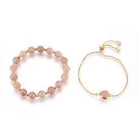 Natural Gemstone Bracelets Sets, Slider Bracelets and Stretch Bracelets, with Brass Findings, Round