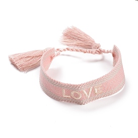 Bracelet tressé en polycoton (coton polyester) word love avec breloque pompon, bracelet large réglable plat pour couple