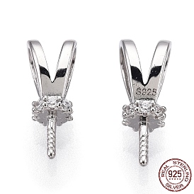 Rhodium Plated 925 Sterling Silver Micro Pave Cubic Zirconia Rabbit Ear Peg Bails, For Half Drilled Beads, Nickel Free, with S925 Stamp