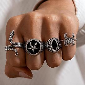 4Pcs 4 Style Tibetan Style Alloy Finger Ring Sets, Enamel Gothic Stackable Rings, Starfish & Eye & Spider & Snake