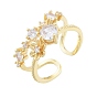 Clear Cubic Zirconia Flower Open Cuff Ring, Brass Chunky Ring for Women