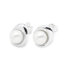 925 Sterling Silver Pearl Stud Earrings for Women, with S925 Stamp, Round