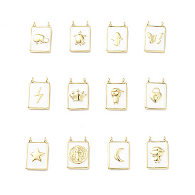 Rack Plating Brass Connector Charms, Rectangle Links with White Enamel, Lead Free & Cadmium Free, Long-Lasting Plated, Real 18K Gold Plated
