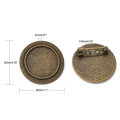 Vintage Alloy Brooch Cabochon Bezel Settings, Cadmium Free & Lead Free, with Iron Pin Back Bar Findings, Flat Round Tray: 20mm, 28x2mm, Pin: 0.8mm