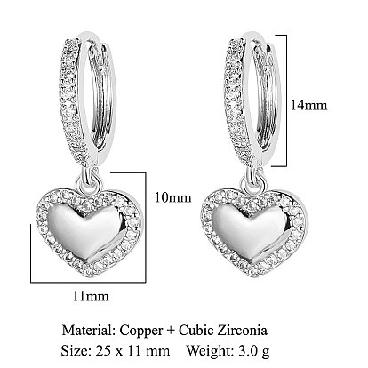 Латунные серьги-кольца из прозрачного кубического циркония, женские серьги с подвесками в форме сердца