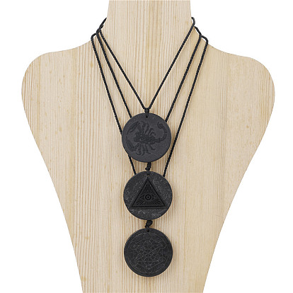 Natural Shungite Pendant Necklaces with Ropes, Flat Round