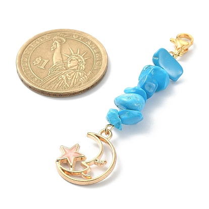 Décorations de pendentif en perles de puces turquoise synthétiques, avec lune en alliage émaillé avec breloque étoile et fermoirs mousquetons en acier inoxydable
