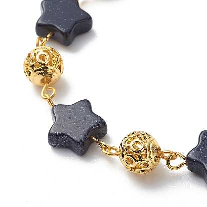 Pulseras de eslabones de piedra dorada azul sintética estrella, pulseras de cuentas redondas de aleación con símbolo de género hueco para mujer