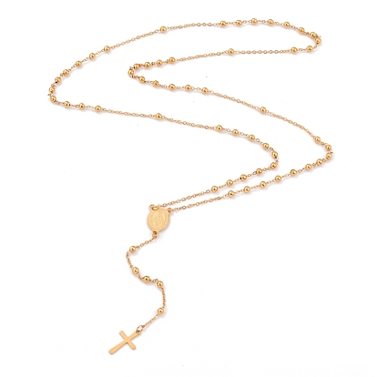 304 collares de cuentas de rosario de acero inoxidable para la religión, con colgante ovalado con eslabón de la virgen maría y cruz