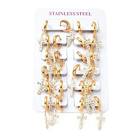 Boucles d'oreilles créoles pendantes croix strass cristal, 304 bijoux en acier inoxydable pour femmes
