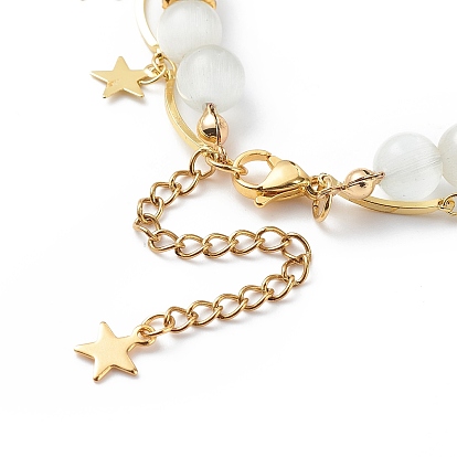 Bracelet multi-rangs en perles rondes et chaîne à maillons en laiton œil de chat, bracelet double couche avec breloques étoile et lune en zircone cubique claire pour femme