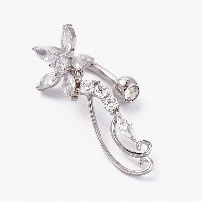 Piercing Jewelry, Brass Micro Pave Clear Cubic Zirconia Navel Rings, Belly Rings, with 304 Stainless Steel Bar, Flower