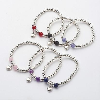Bracelets de charme en alliage de style tibétain, avec des perles naturelles de pierres précieuses