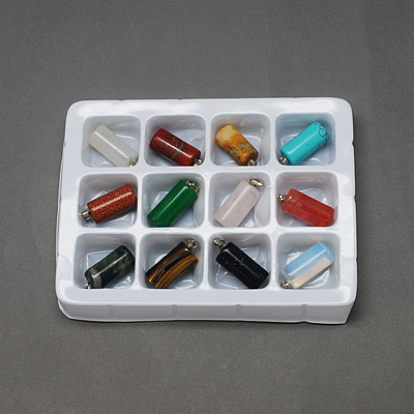 Gemstone Pendants, with Brass Clasps, Mixed Stone, Column, 25x11mm, Hole: 6x2mm, 12pcs/box