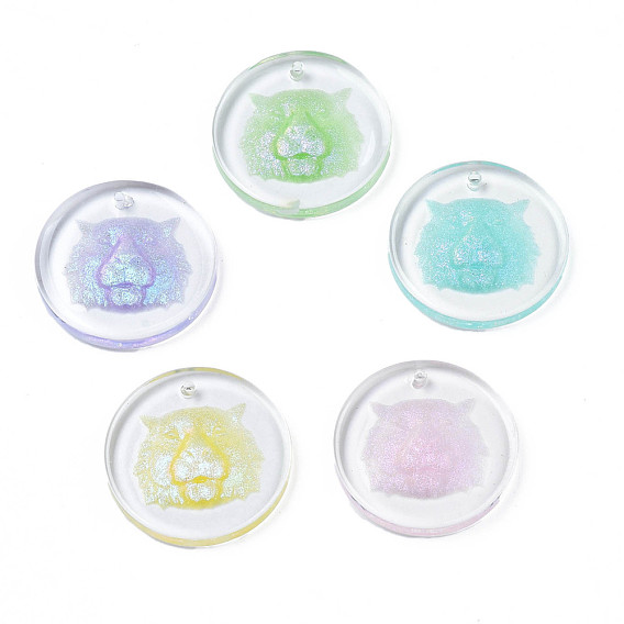 Transparent Resin Pendants, with Glitter Powder, Flat Round with Tiger Head