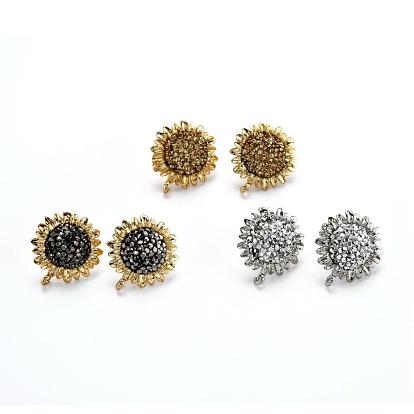 Brass Dangle Stud Earrings, with Polymer Clay Rhinestone and Ear Nuts, Sunflower