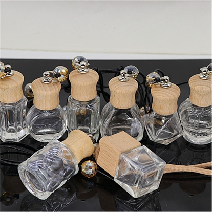 Colgantes de botellas de perfume de vidrio vacío con diamante/corona/hexágono, botella difusora de aceite esencial de fragancia de aromaterapia, con cordón color café, decoración colgante de coche, con tapa de madera