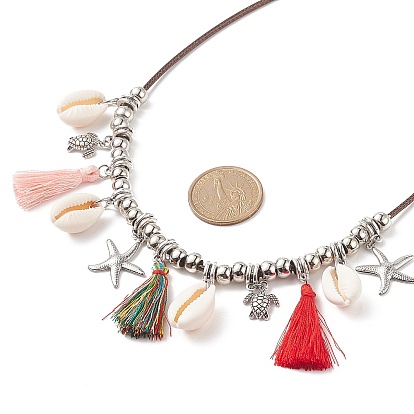 Alloy Starfish & Turtle & Natual Shell & Tassel Charms Bib Necklace, Ocean Theme Jewelry for Women