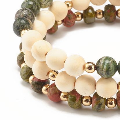 Ensemble de bracelets extensibles en perles d'unakite naturelle, en bois et en jaspe zèbre vert, style pièces, bijoux en pierres précieuses pour femmes
