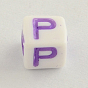 Perles acryliques opaques, trou horizontal, cube avec la lettre, 6x6x6mm, Trou: 3.5mm, environ3300 pcs / 500 g