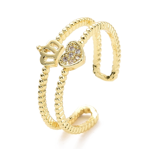 Corazón de circonita cúbica transparente con anillo de puño abierto de corona, joyas de latón para mujer, sin plomo y cadmio