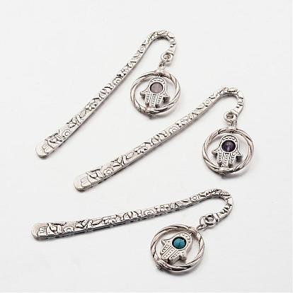 Tibetan Style Bookmarks, Circle with Hamsa Hand/Hand of Fatima/Hand of Miriam, with Gemstone Beads, 79.5x16mm