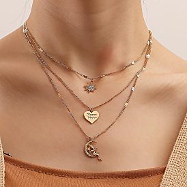 Fashionable Multi-layered Gold Vintage Heart Necklace with Unique Eight-pointed Star Clavicle Chain
