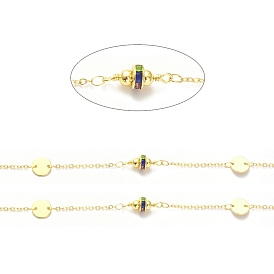Rack Plating Brass Flat Round Link Chains, with Colorful Cubic Zirconia Disc Braded, Soldered, with Spool, Lead Free & Cadmium Free