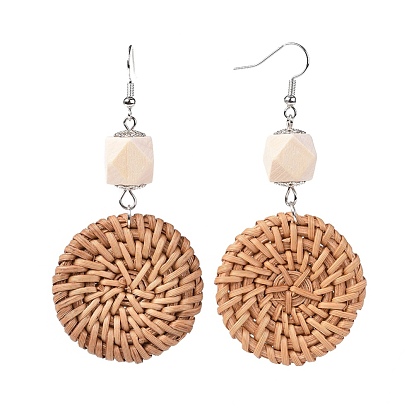 Boucles d'oreilles en perles de canne / rotin faites à la main, avec des perles en bois  , accessoires en fer et les accessoires en laiton, plat rond