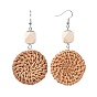 Handmade Reed Cane/Rattan Woven Beads Dangle Earrings, with Wood Beads, Iron Findings and Brass Findings, Flat Round