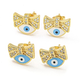 Bowknot with Evil Eye Real 18K Gold Plated Brass Stud Earrings, with Enamel and Clear Cubic Zirconia