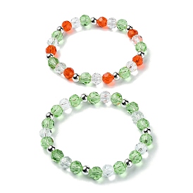 2Pcs 2 Color Glass Beaded Stretch Bracelets Sets, Stackable Bracelets