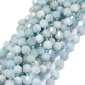 Natural Aquamarine Beads Strands, with Seed Beads, Faceted, Bicone, Double Terminated Point Prism Beads