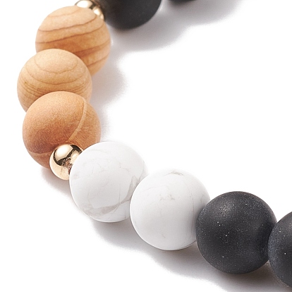 Наборы браслетов из бисера из дерева, с бусинами из натуральных драгоценных камней и латунными бусинами