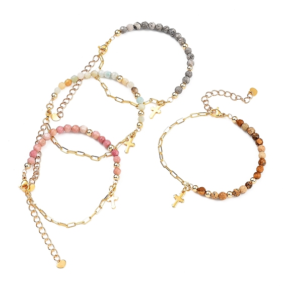 Bracelets de charme, avec des perles naturelles de pierres précieuses, 304 acier inoxydable charmes croisés, chaînes de trombones en laiton et perles rondes