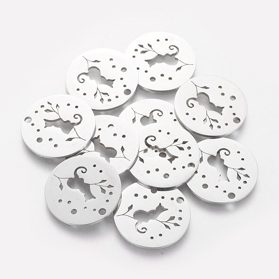201 Stainless Steel Kitten Pendants, Flat Round with Cat & Branch