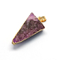 Plated  Natural  Druzy Agate Triangle Pendants, with Light Gold Plated Brass Findings,35~47x13~25x7~18mm, Hole: 6x5mm