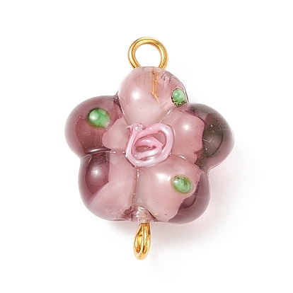 Handmade Lampwork Connector Charms, with Golden Tone Brass Double Loops, Flower
