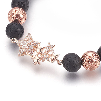 Stretch Bracelets, with Long-Lasting Plated Electroplated Natural Lava Rock, Natural Lava Rock and Brass Cubic Zirconia Beads, Star