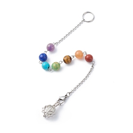 Chakra Mixed Stone Dowsing Pendulum Pendant Decorations, with Handmade Luminous Lampwork Beads & 304 Stainless Steel & Brass Findings, Lotus Charm, Mixed Dyed and Undyed