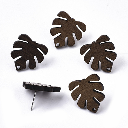 Tropical Theme Walnut Wood Stud Earring Findings, with 304 Stainless Steel Pin, Monstera Leaf