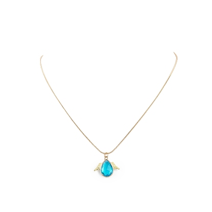 Glass Teardrop with Wing Pendant Necklace with Golden Brass Round Snake Chains for Women