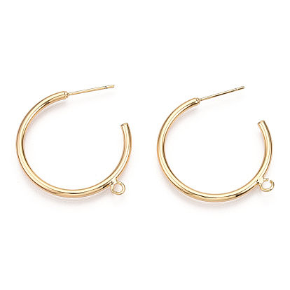 Brass Stud Earring Findings, Half Hoop Earrings, with Loop, Nickel Free, Real 18K Gold Plated