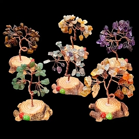 Natural Gemstone Chips Tree Decorations, Stump Base Copper Wire Feng Shui Energy Stone Gift for Home Desktop Decoration