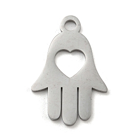 304 Stainless Steel Pendants, Laser Cut, Hamsa Hand with Heart Charm